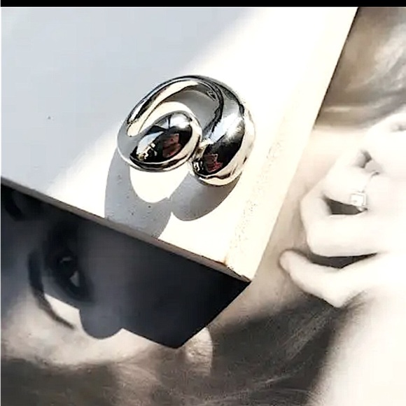 Sterling Silver Geometric Glossy Cuff Minimalist Statement Ring Set - Picture 12 of 12